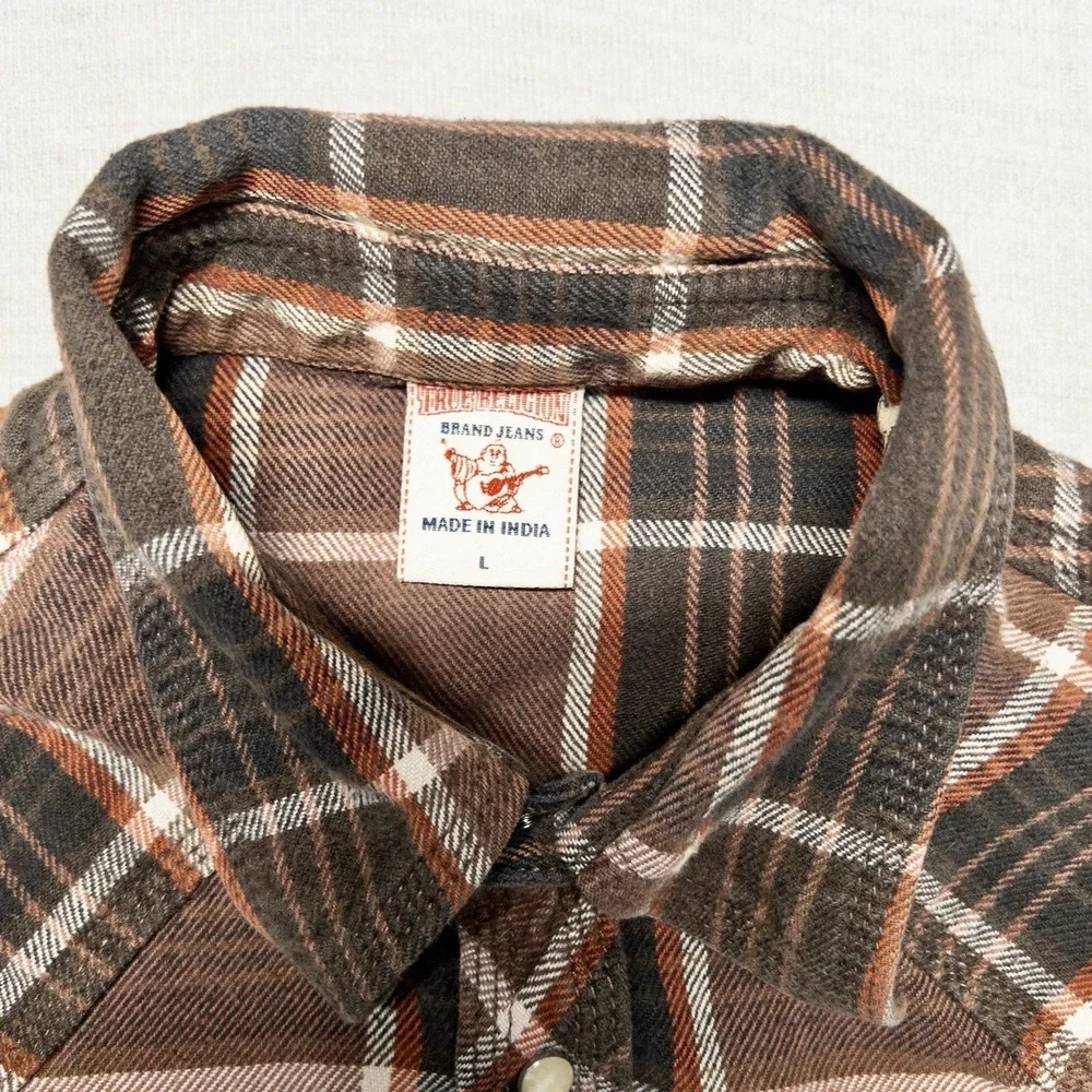 True‎ Religion Flannel Shirt Mens XL Blue Plaid Pearl Snap Western Long Sleeve